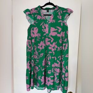 SHEIN Green Dress with Pink Floral Print